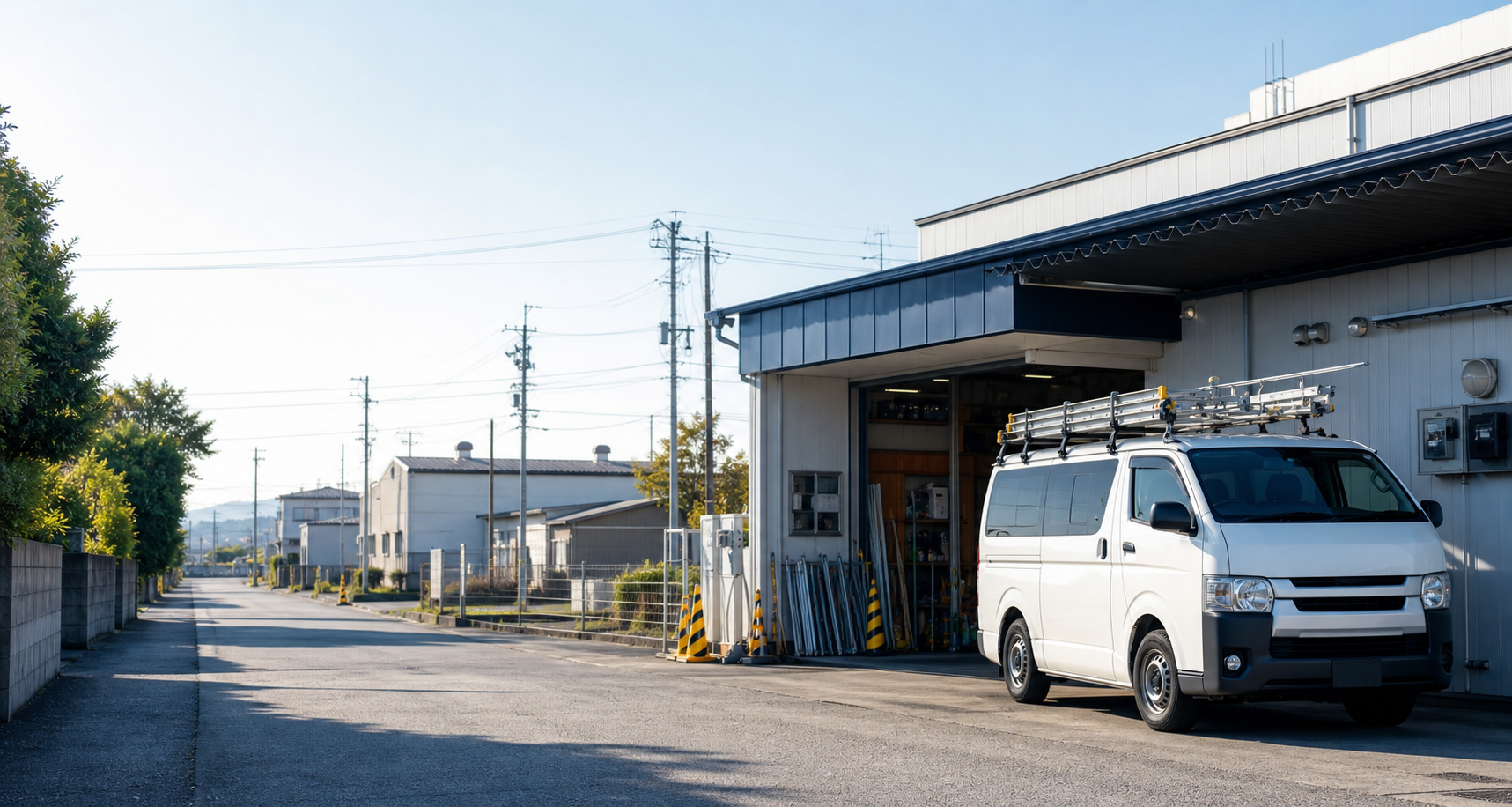 地域の電気工事会社をイメージした作業拠点と車両